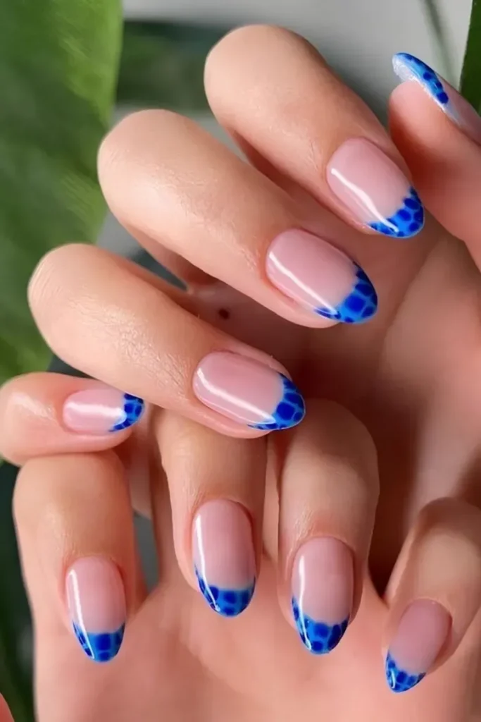 Blue French Nail Ideas with Animal Print