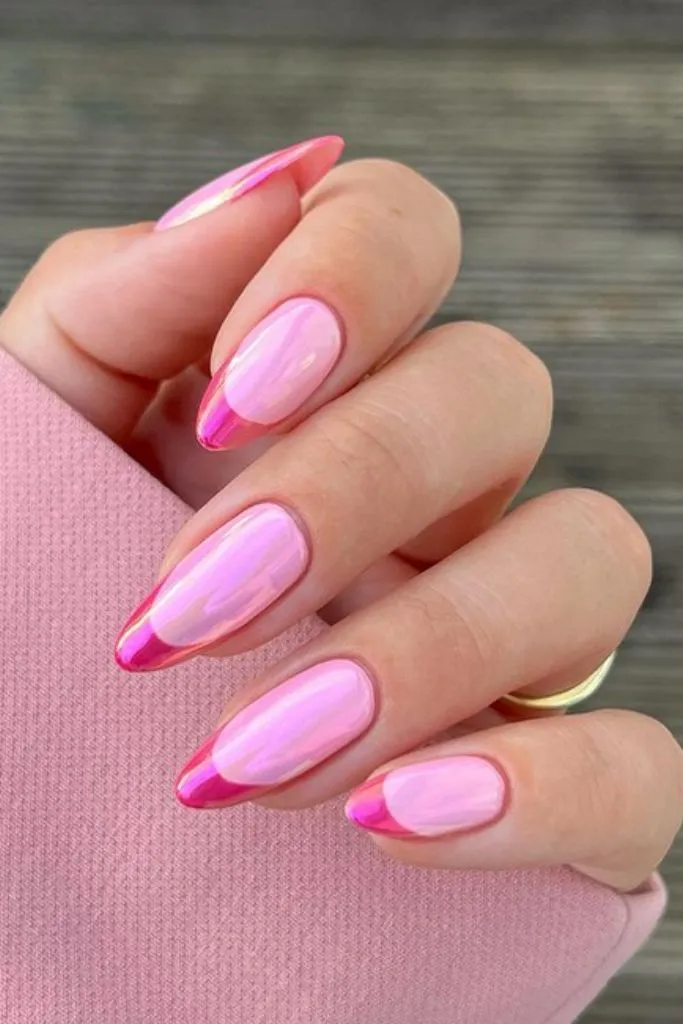 Pink iridescent nails with pink French 
