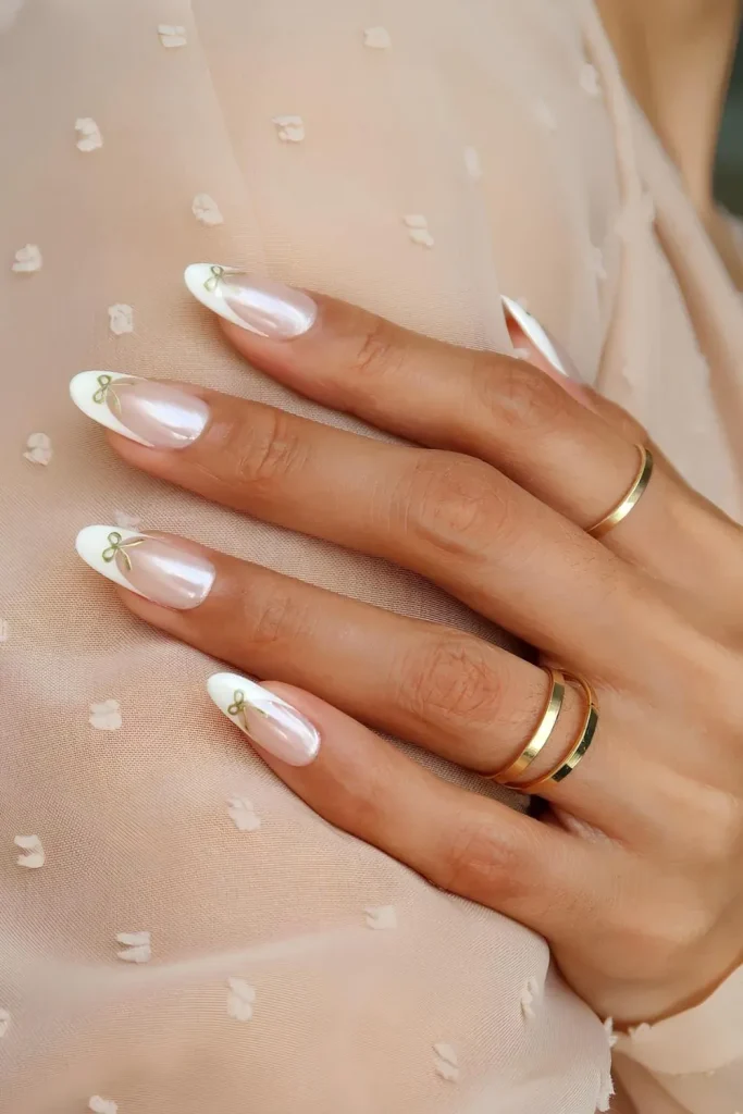 White French Tip Nails with golden bow