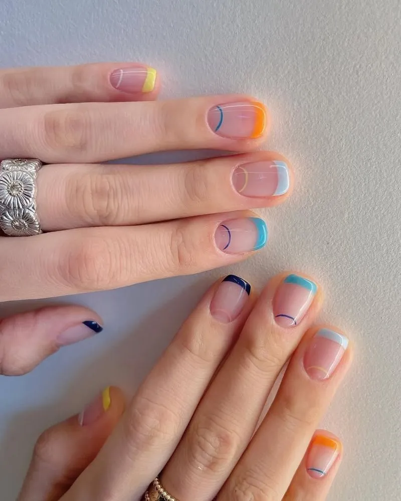 Blue French Nail Ideas with Colorful French tip nails
