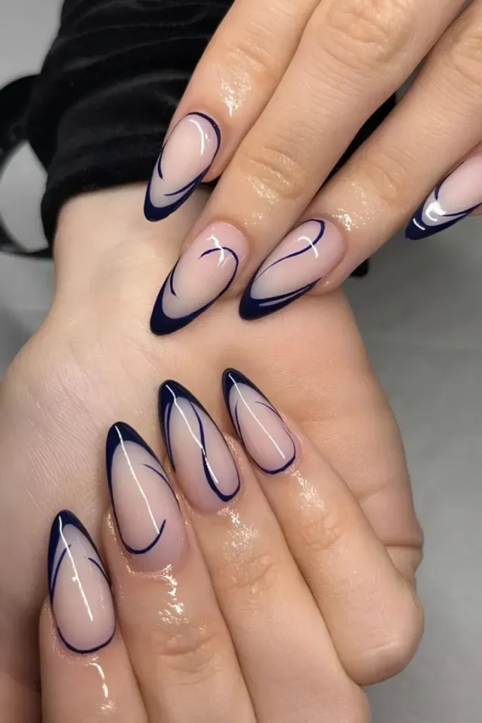 Blue French Nail Ideas with Dark Blue Swirls