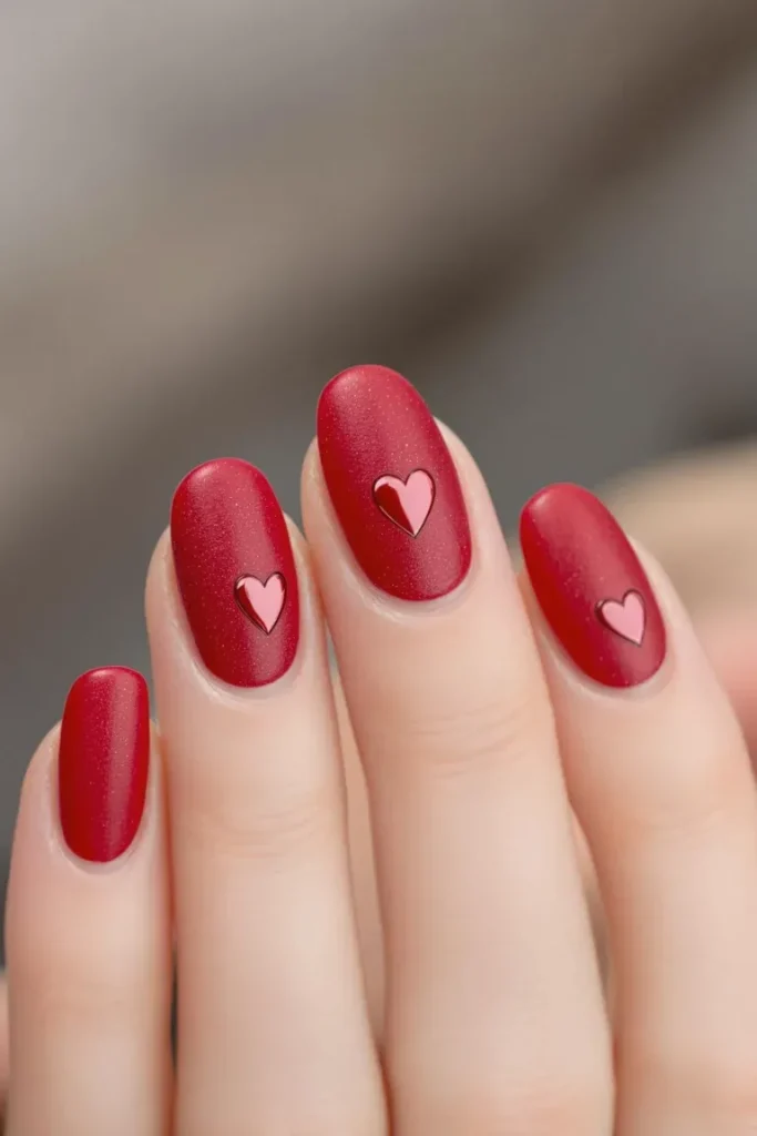A deep red manicure with subtle or bold heart details for a classic Valentine’s look.