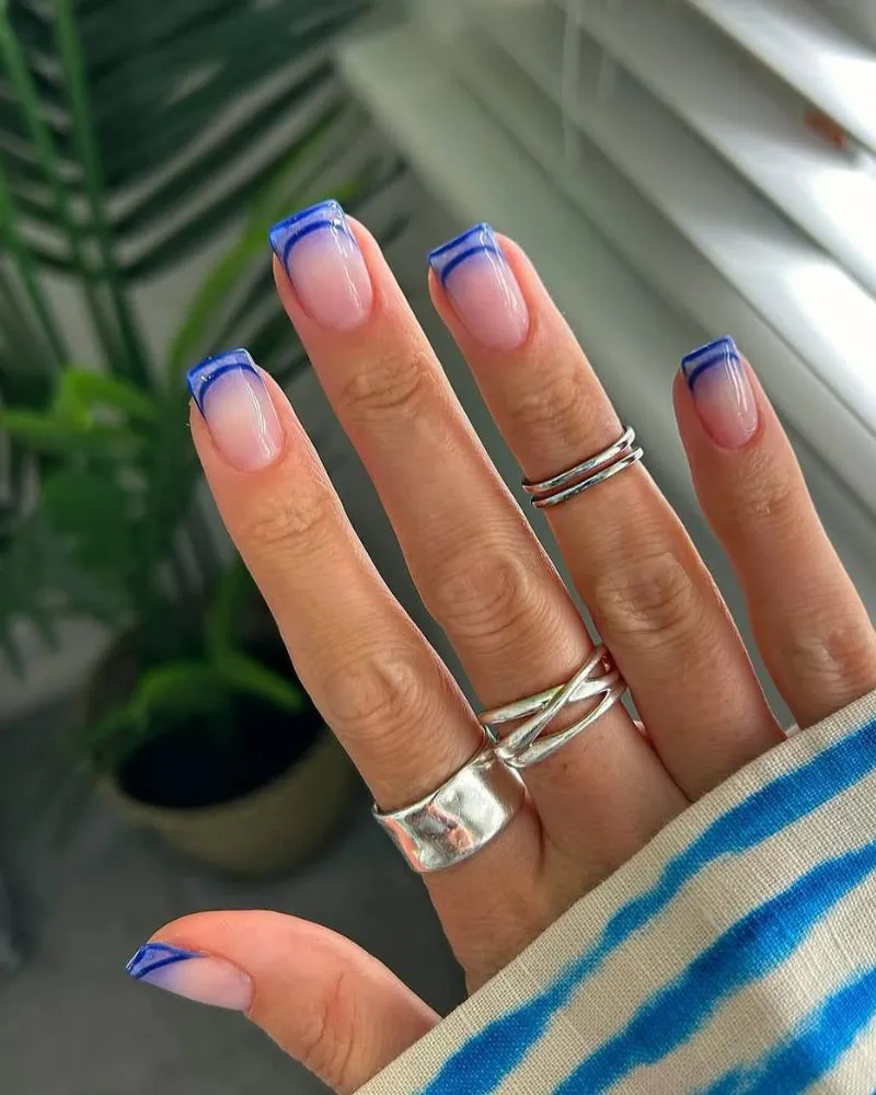 Blue French Nail Ideas with French outline
