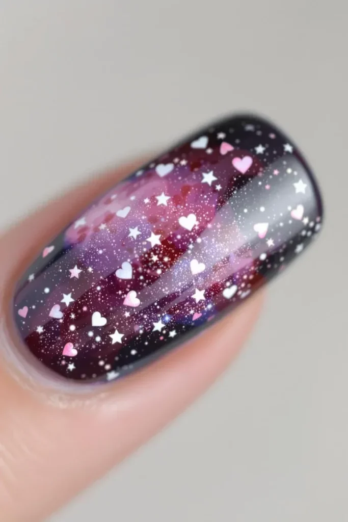 A cosmic-themed Valentine’s design with dreamy galaxy colors and tiny heart accents.