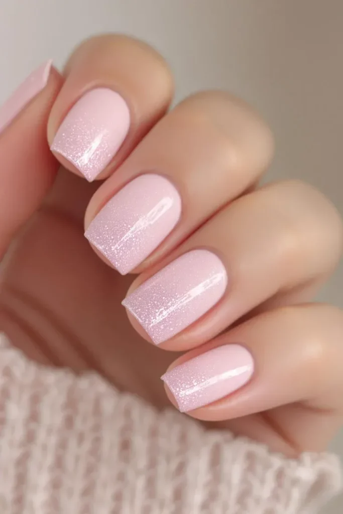 A girly and shimmery pink manicure with glitter for extra sparkle.