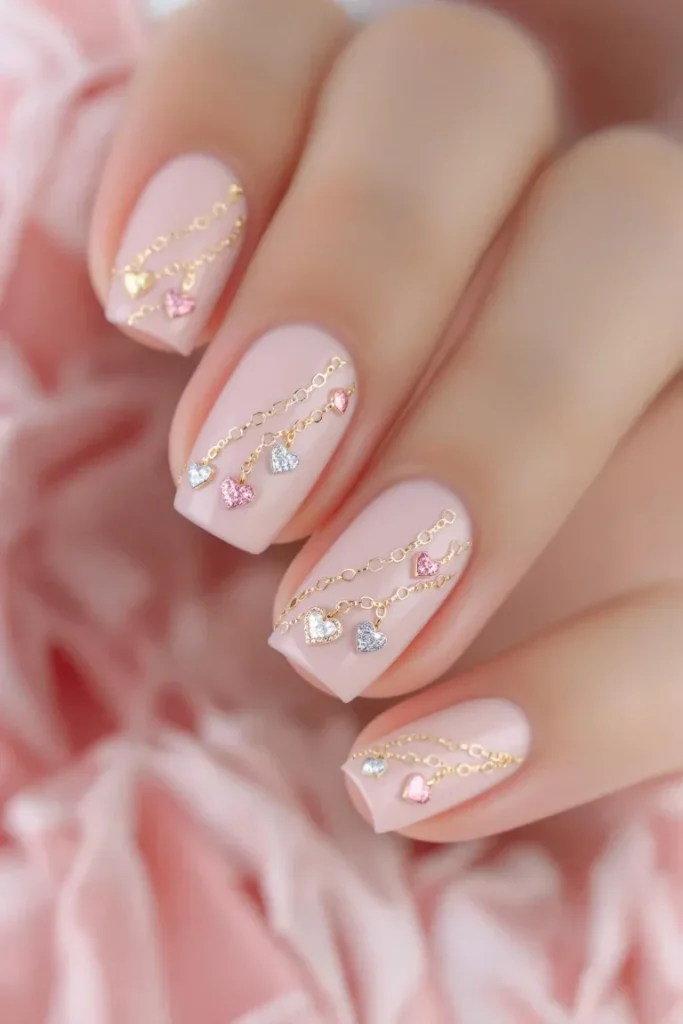 A romantic nail design featuring delicate heart chains connecting across the nails.