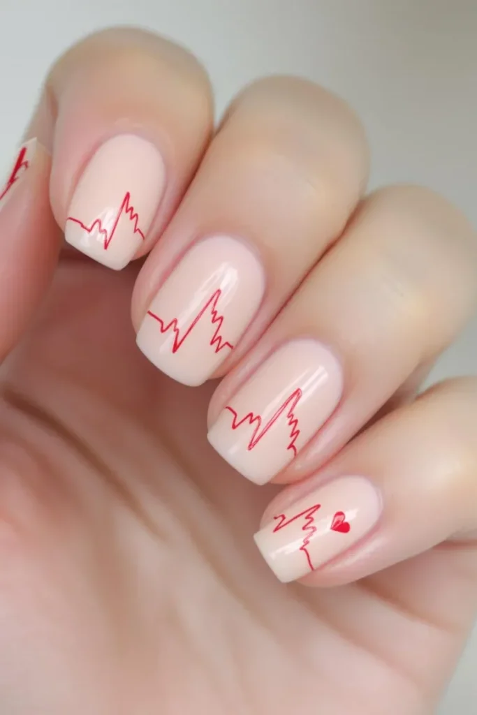 A chic and modern nail design featuring heartbeat or EKG line patterns with heart details.