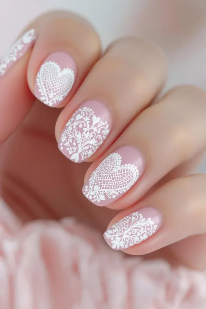 A delicate and intricate nail design featuring lace-like heart patterns.