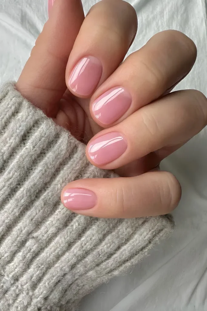 a classy and minimalistic manicure with short, glossy, soft pink nails, giving a natural "lip gloss" effect.