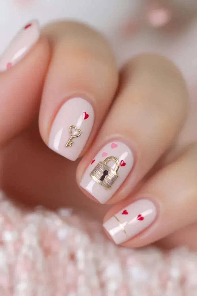 A symbolic and romantic design featuring lock and key illustrations with heart details.