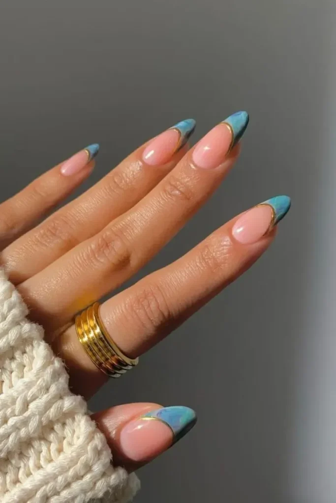 Blue French Nail Ideas with Marble Tips