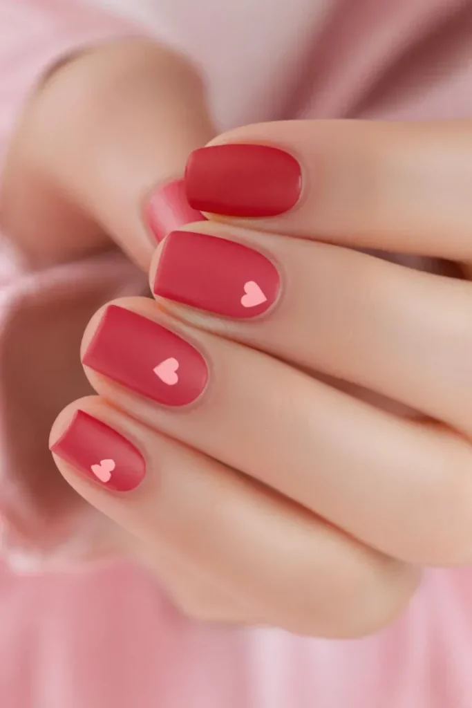  A chic and modern matte red manicure with soft pink heart accents.