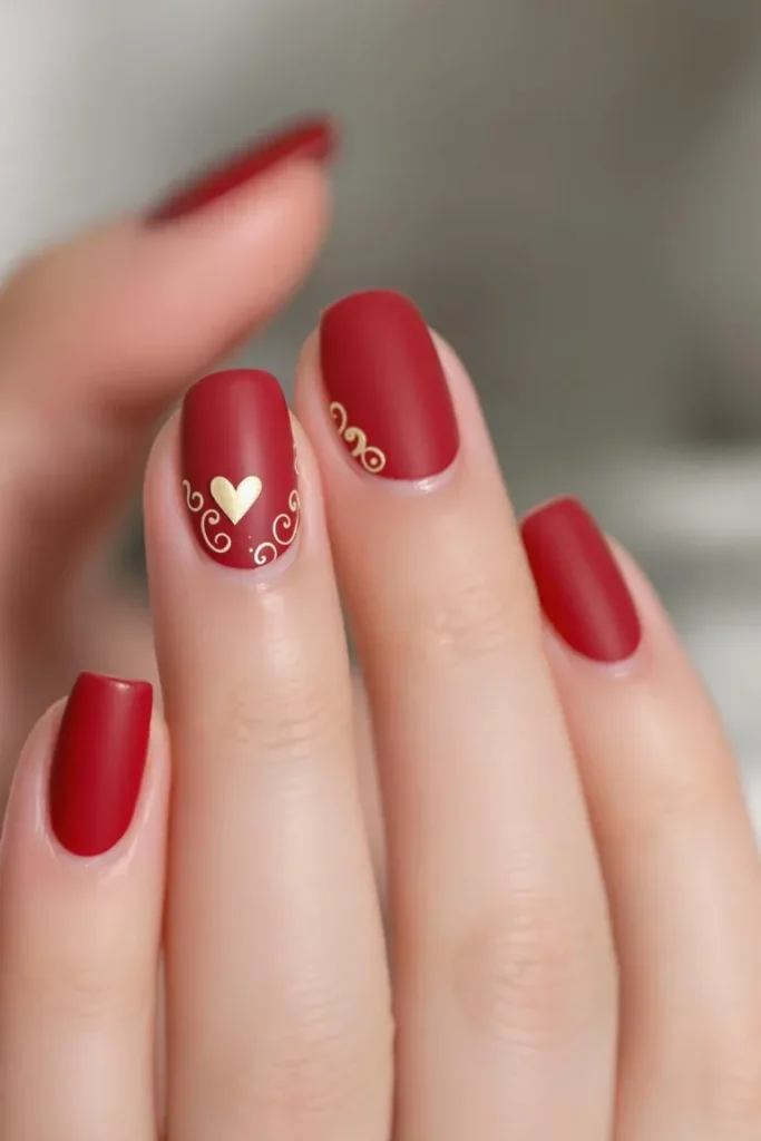 A luxurious matte red manicure with elegant gold embellishments.