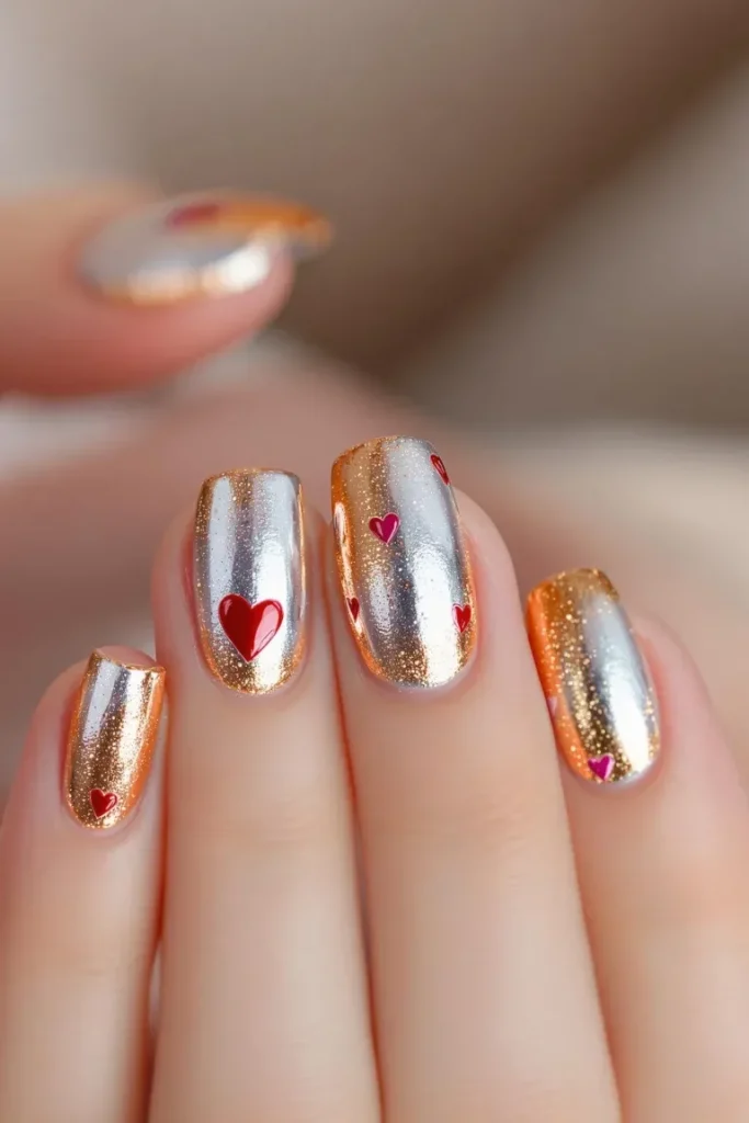 A glamorous nail design with metallic gold polish and heart embellishments.