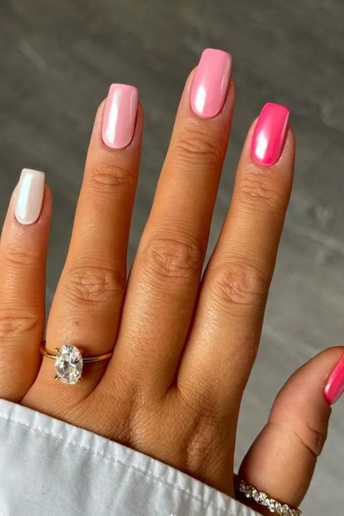 Glossy chrome nails with stunning pink and white shades