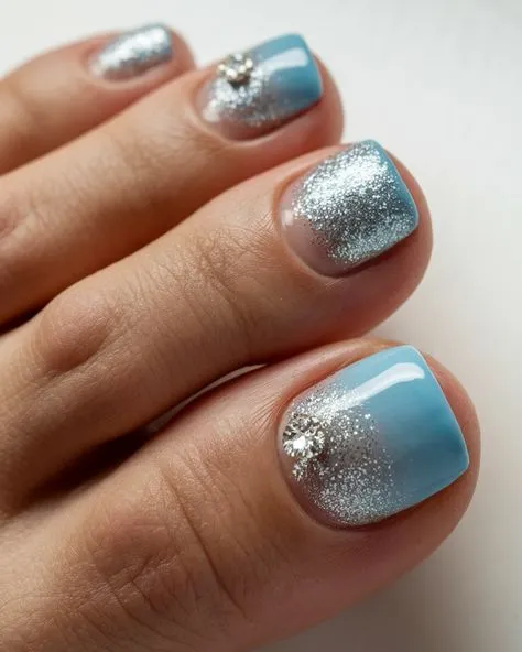 Elegant blue and silver gradient pedicure featuring sparkling glitter accents and delicate rhinestone embellishments for a glamorous touch.