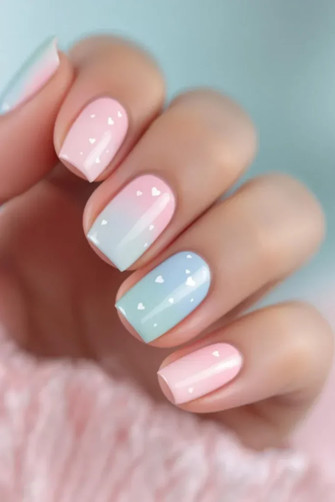A soft gradient nail design blending pastel shades for a dreamy Valentine’s vibe.