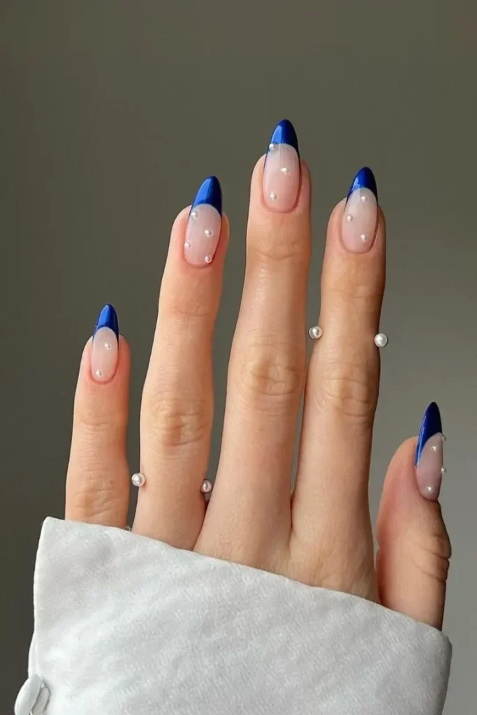 Blue French Nail Ideas wit Pearl Design