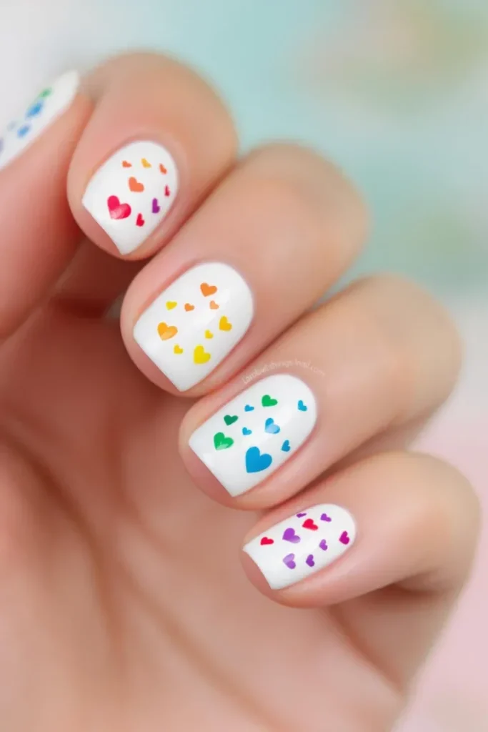  A fun and colorful Valentine’s nail design featuring hearts in a rainbow of pastel or bold shades.