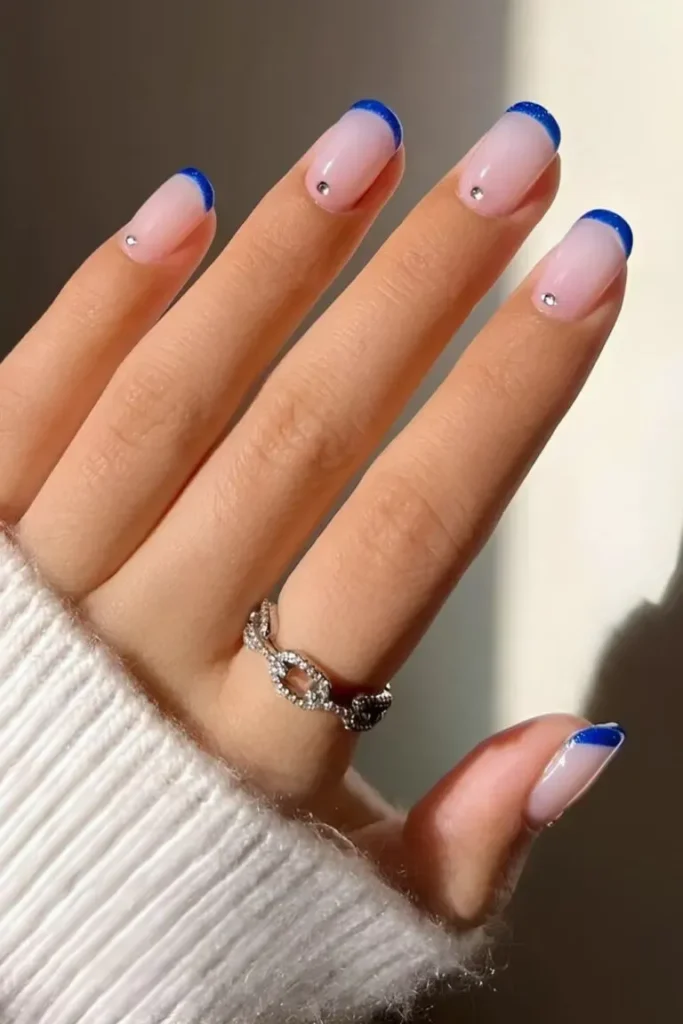 Blue French Nail Ideas with Rhinestone Accents