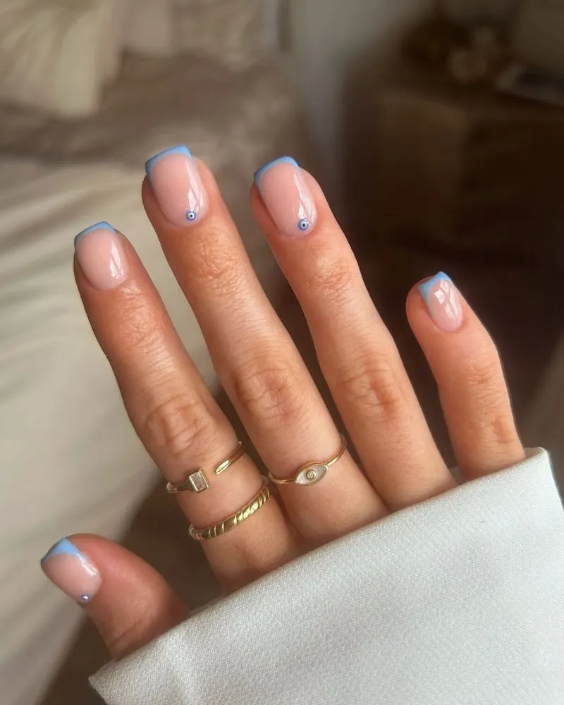 Blue French Nail Ideas with Slim blue French nail tips
