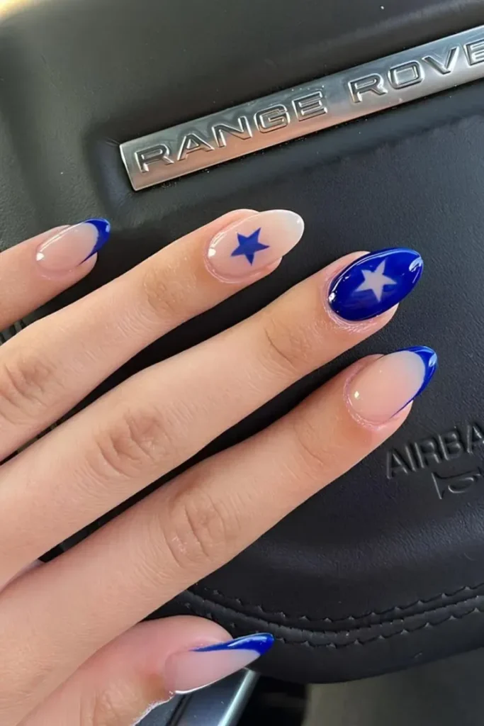 Blue French Nail Ideas with Star Accents