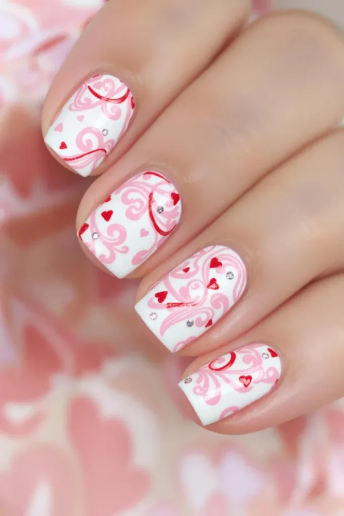 A trendy nail design featuring heart-shaped swirls and abstract patterns.