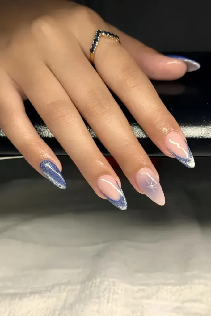Blue French Nail Ideas with Velvet Effect