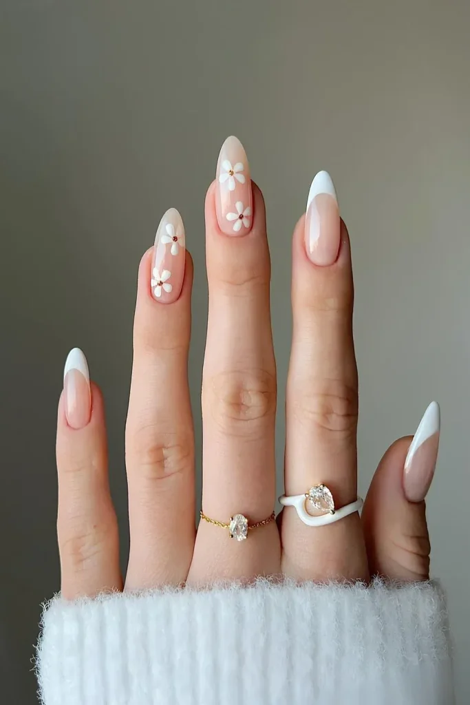 White French Tip Nails with daisy florals
