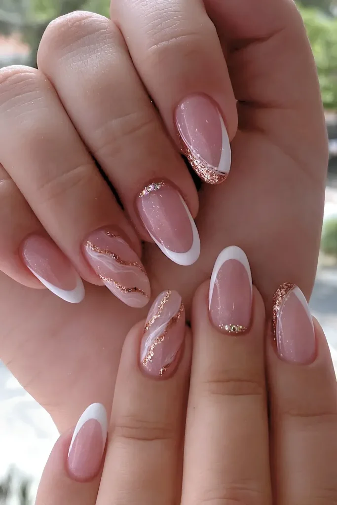 White French Tip Nails with golden glitter