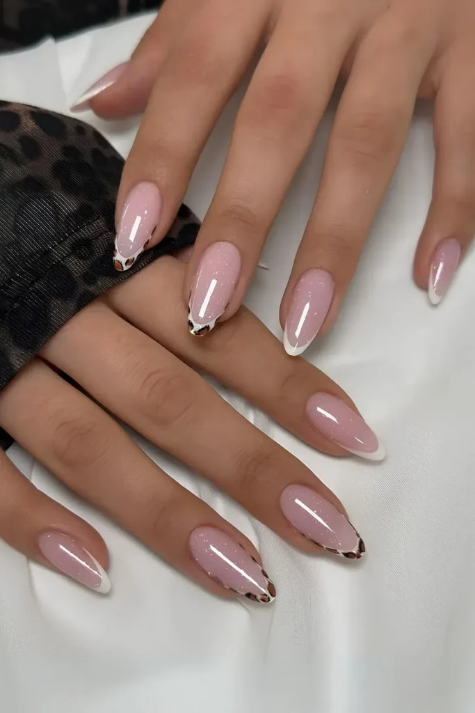White French Nail Tips with Leopard Accent