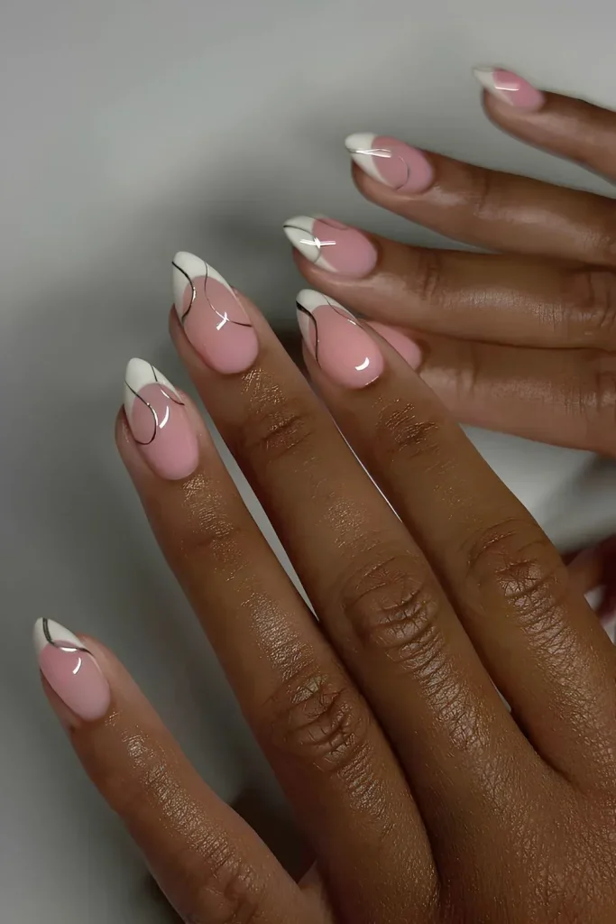 White French Nail Tips with Chrome Swirls