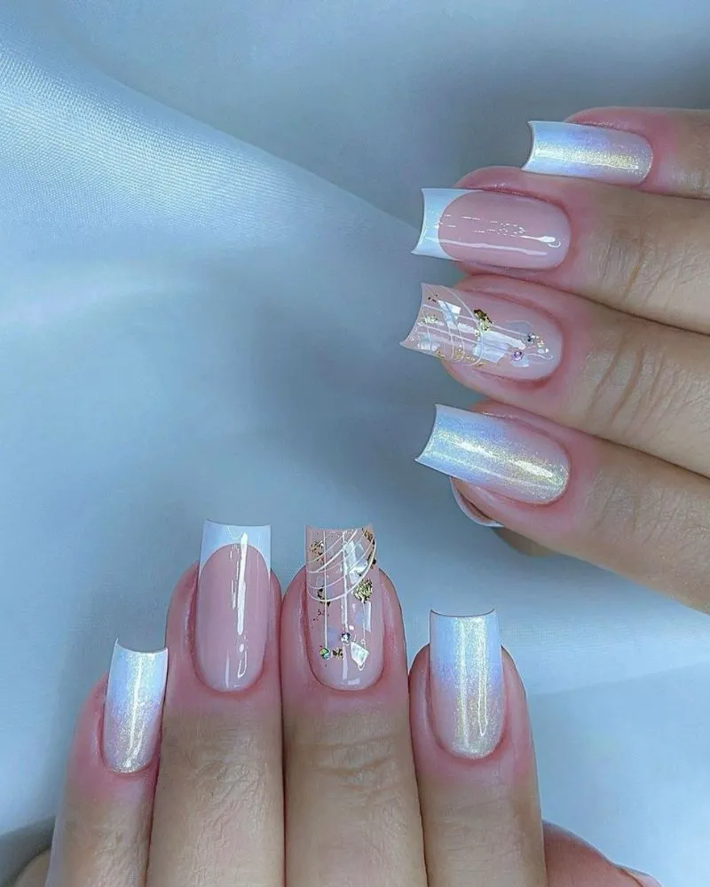 White French tip nail ideas with shine