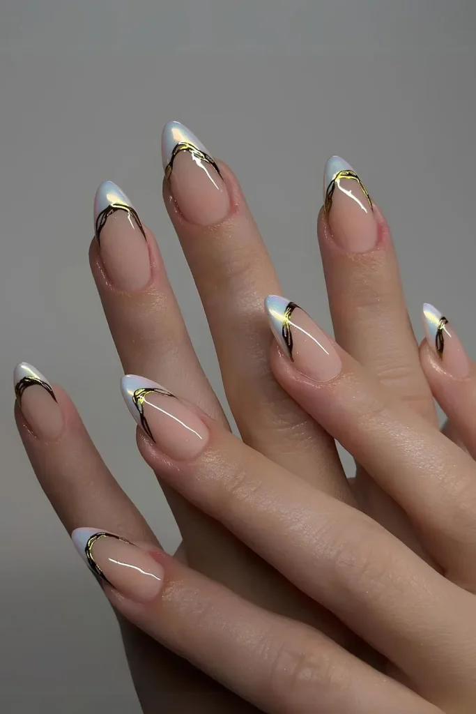 White French Tip Nails with golden chrome