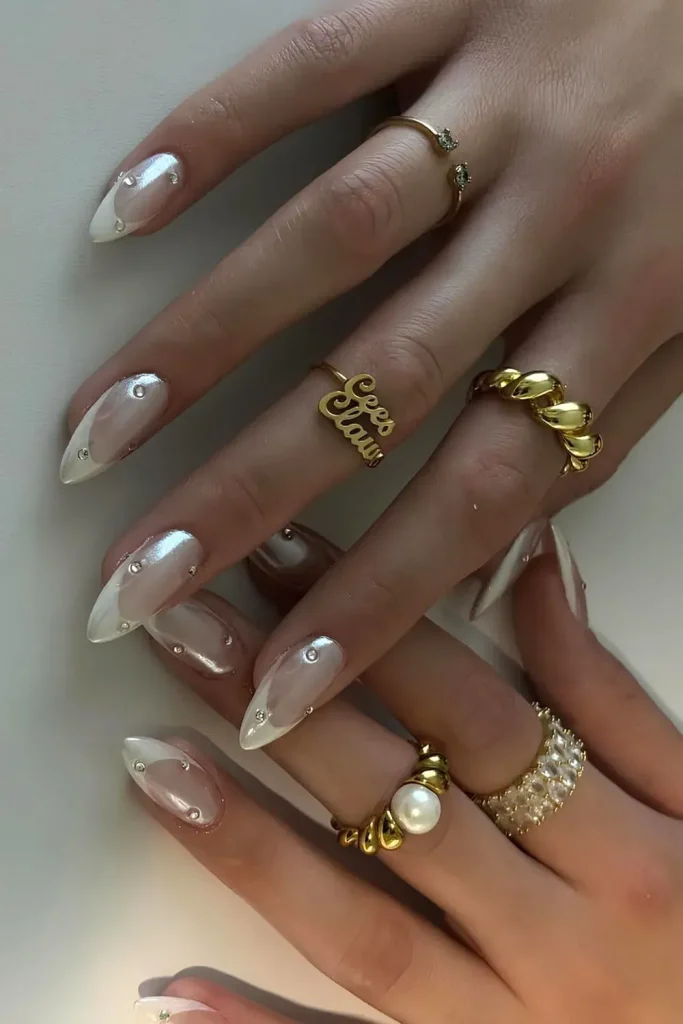 White French Tip Nails with chrome and pearls
