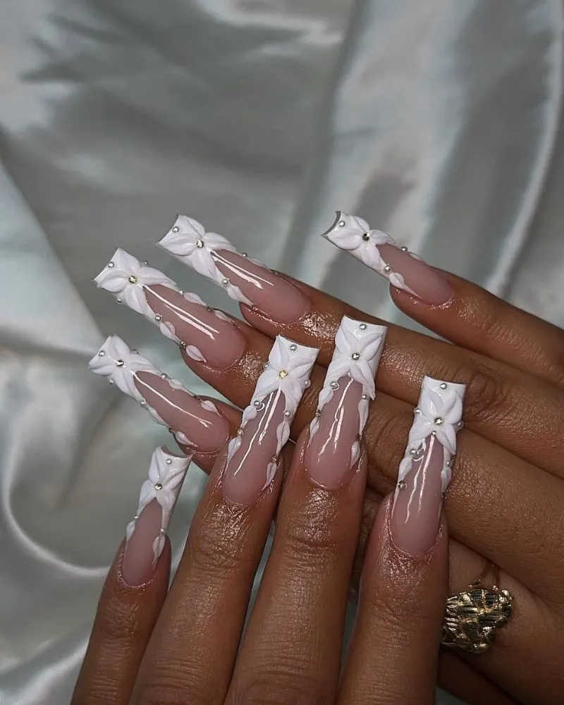 White tip French nails with 3D nail art